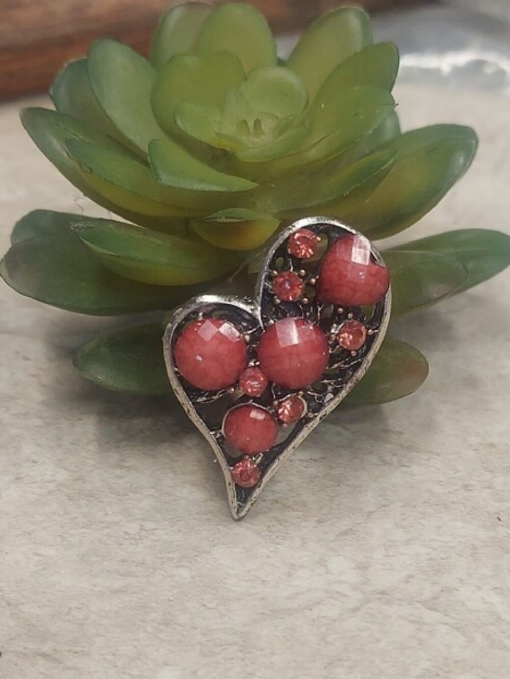 R096 Pink Crystal & Cabochon Bead Heart Adjustable Statement Womens Fashion Ring